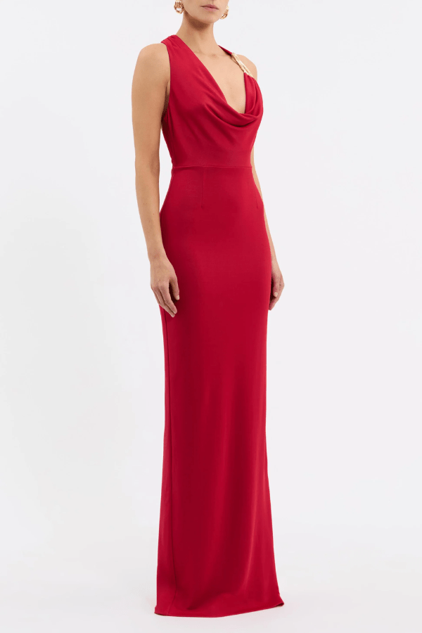 Carmine Halter Maxi Dress Red by Rebecca Vallance – A trendy, elegant maxi with a draped halter cowl, twisted racer back, and gold wire detail, perfect for standout special occasions.
