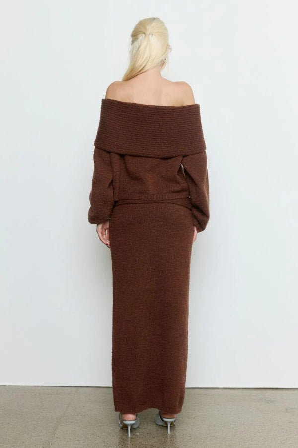 Sanna Off Shoulder Sweater Coffee by Sovere – Trendy off-shoulder knit with ribbed details and relaxed fit, perfect for chic, effortless everyday style.
