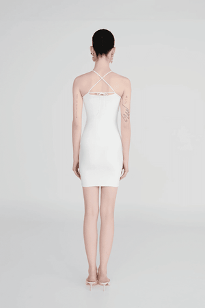 Coari Off White by Maygel Coronel – Ruched cutout halter mini dress with 3D flowers and adjustable straps for versatile wear.