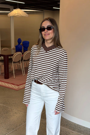 Millie Relaxed Long Sleeve Tee Chocolate Stripe