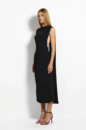 Kaya Midi Black by Effie Kats, high neck midi dress with draped back, perfect for events or evening styling
