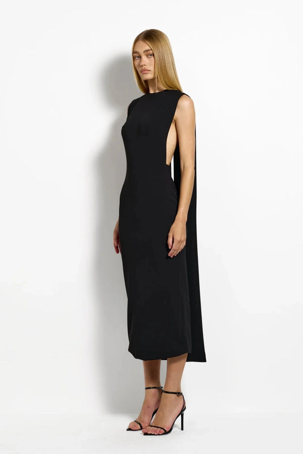 Kaya Midi Black by Effie Kats, high neck midi dress with draped back, perfect for events or evening styling