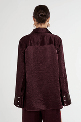 Cuff Shirt Plum by Summi Summi — Silky lightweight shirt with a structured collar and flared oversized cuffed sleeves. Crafted from 100% acetate woven fabric.