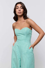 Cotton Mix Pinstripe Jumpsuit Green Pinstripe