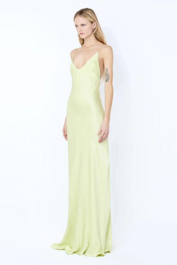 Florence Scoop Maxi Dress by Bec + Bridge — wasabi green bias-cut maxi with plunge neckline and strappy open back.