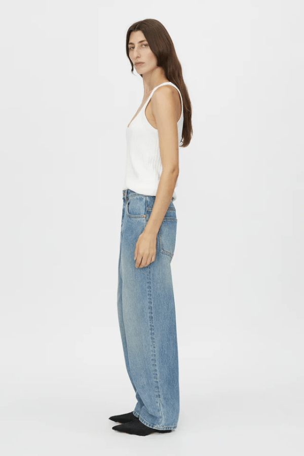 Rhodes 2.0 Jean Light Vintage Blue by Camilla and Mar, relaxed low-rise denim with branded details, perfect for viral off-duty looks or casual layering.