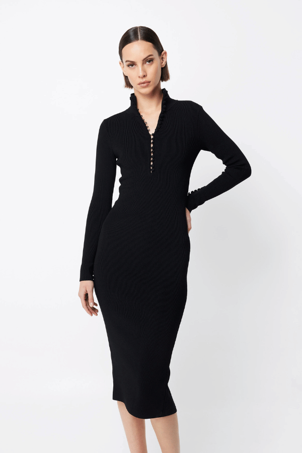 Mayfair Long Sleeve Midi Black by Mossman – A sleek, premium crepe knit midi with high neckline, covered buttons, and fitted silhouette, perfect for polished desk-to-dinner looks.
