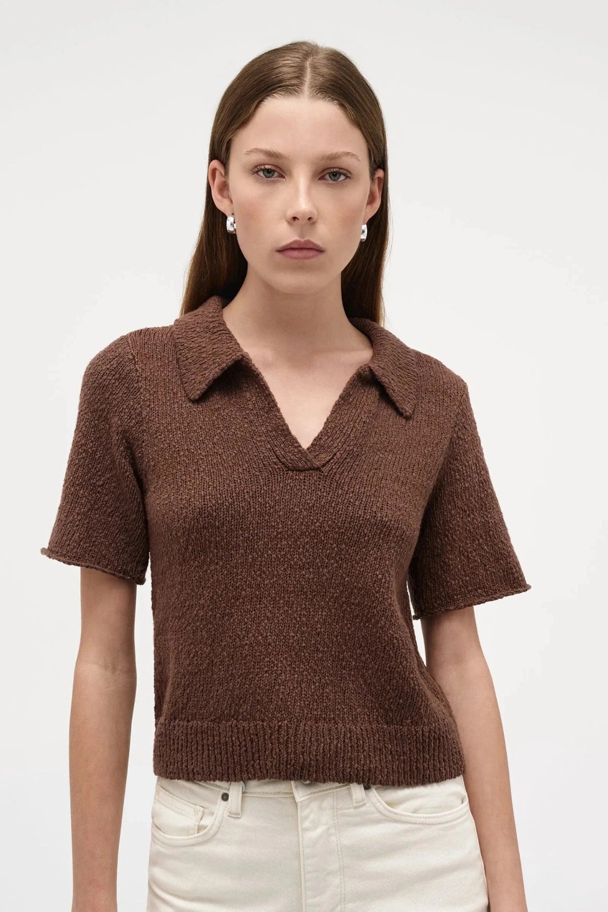 Neuw Denim Cecil Knit Polo in Espresso, cropped knit tee with polo collar, ribbed hems, and retro-inspired silhouette.