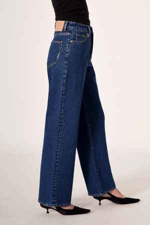 Coco Relaxed Indigo Vision by Neuw Denim, high-waisted relaxed straight-leg rigid jeans in vintage indigo with tobacco stitching, perfect for casual wear.