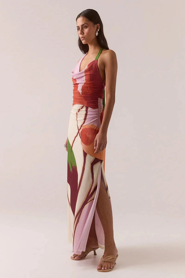 Kalea Dress – Botanic by Sovere, mesh halter-neck maxi with exclusive print and cowl neckline. Perfect for summer events.