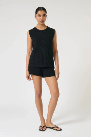 Onte Helena Shorts in black cotton crochet knit with elastic waistband, mini fit, styled with matching Helena Gilet.