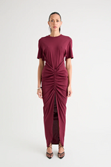 Niko Maxi Dress Burgundy by Pfeiffer – Trendy relaxed T-shirt maxi with adjustable side ruching, crew neck, and breathable cotton blend, perfect for elevated off-duty style and everyday comfort.