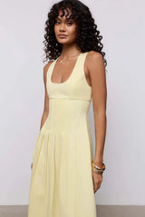 Cotton Mix Cinched Midi Dress Lemon by Odd Muse, structured midi dress with boned bodice and full skirt