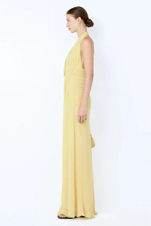 Cassis Drape Maxi Dress by Bec + Bridge, a soft mesh halter with bias georgette skirt and open back. Perfect for sunset soirées.