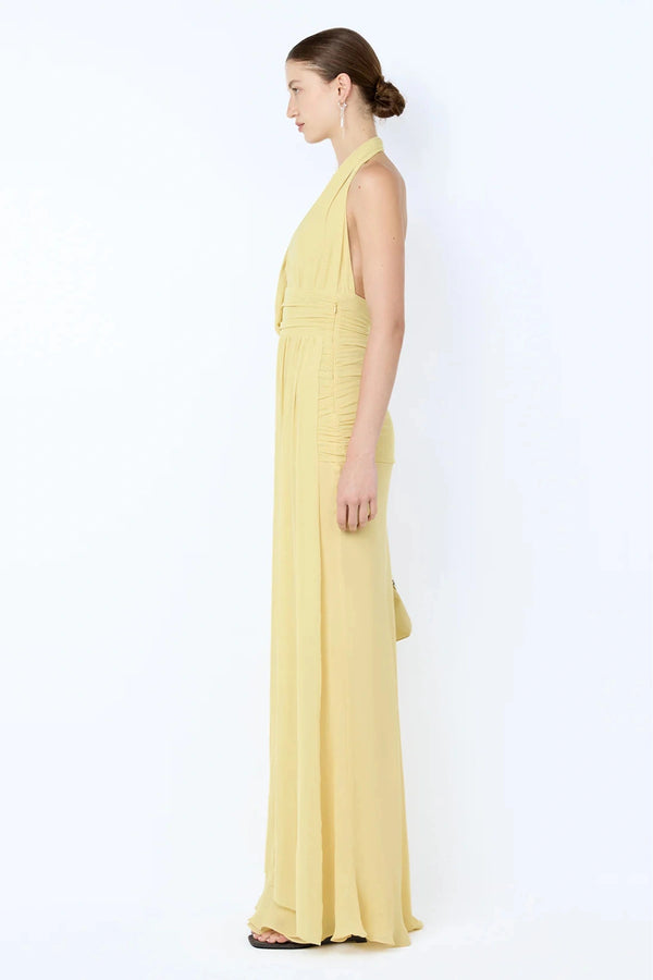 Cassis Drape Maxi Dress by Bec + Bridge, a soft mesh halter with bias georgette skirt and open back. Perfect for sunset soirées.