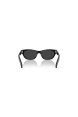 Prada sunglasses in black with Polar Black lenses, featuring signature rivet and logo detailing. A sleek, modern everyday luxury style.