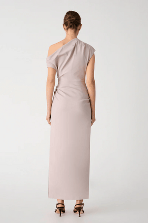 Gia Midi Dress Faded Silver by Misha – Designed in structured sateen, this midi features an asymmetric neckline and pleated shoulder detail.