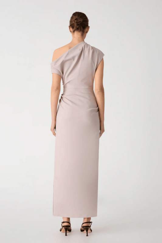 Gia Midi Dress Faded Silver by Misha – Designed in structured sateen, this midi features an asymmetric neckline and pleated shoulder detail.