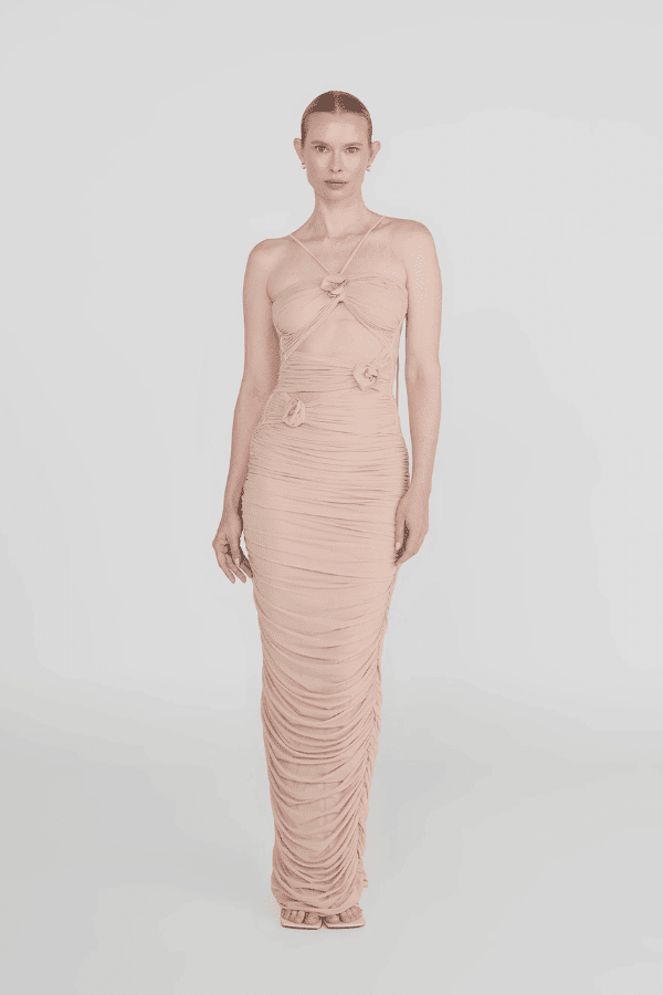 Veranera Pétalo by Maygel Coronel – A bold, romantic ruched mesh dress with floral appliqués and asymmetric cut-outs, perfect for trendy sunset soirées and elegant evening occasions.