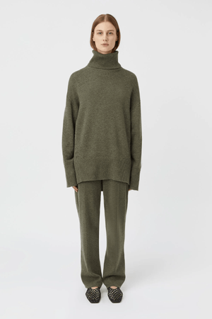 Pascal Cashmere Blend Pant Army Green by Camilla and Marc, luxe high-waisted knit with front creases and side splits, perfect for chic lounging or travel days.