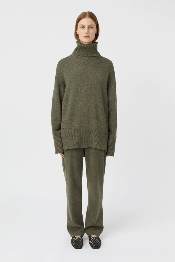 Pascal Cashmere Blend Pant Army Green by Camilla and Marc, luxe high-waisted knit with front creases and side splits, perfect for chic lounging or travel days.