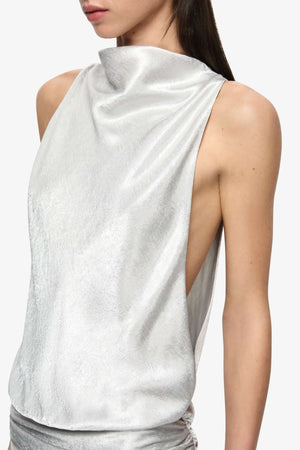 Juna High Neck Mini Dress Silver by BEC + BRIDGE, crinkle satin mini dress with funnel neckline and racerback silhouette.