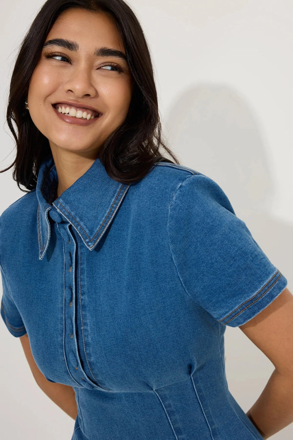 Cotton Mix Denim Collared Mini Dress Light Blue by Odd Muse, structured denim mini dress, perfect for day