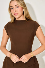 Cap Sleeve Mini Dress by Odd Muse, deep chocolate mini with high neck and cinched waist for polished day-to-night dressing.