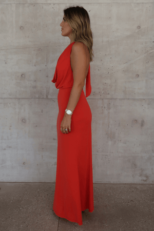 Saint Plunge Maxi Dress Red by Sneaky Link – A trendy, daring maxi with a plunging neckline and silky bias cut, perfect for elegant evenings and standout moments.