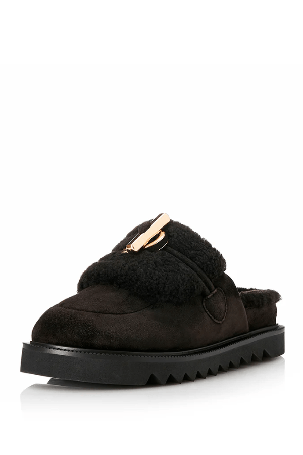 Cedar Black Suede/Shearling by Alias Mae, black suede slides with gold accents and plush shearling for cozy, elevated everyday wear.
