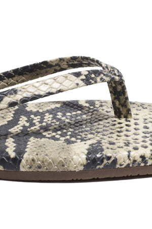 Tkees Square Toe Exotics Sandsnake sandal in soft washed denim with square toe and cushioned insole, handcrafted in Brazil.
