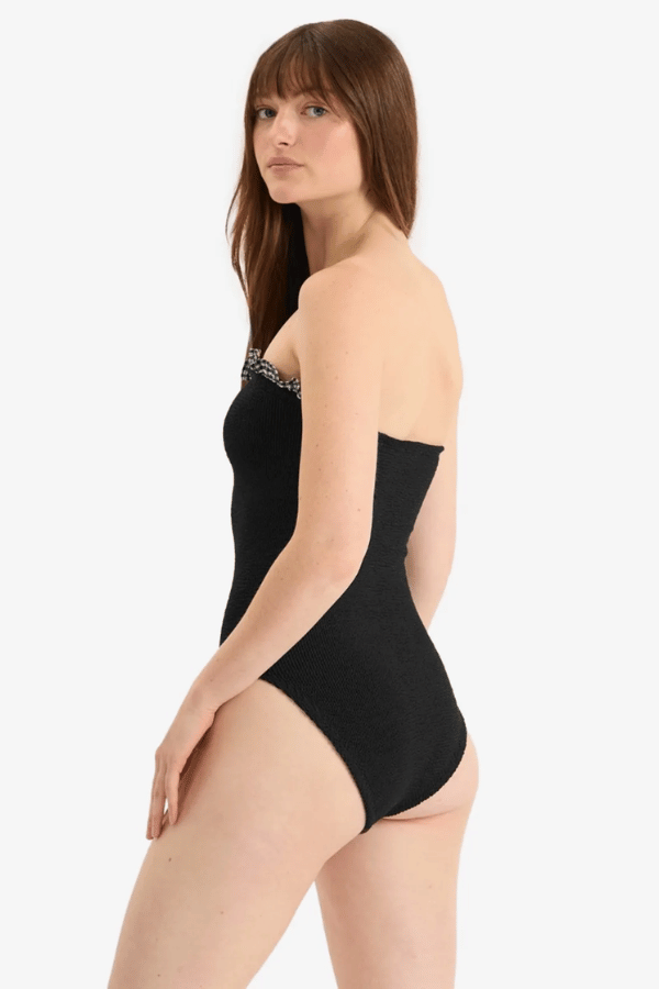 Dolly Bandeau Swimsuit Black by Hunza G – Strapless one-size swimsuit with ruched neckline and gingham texture for timeless poolside elegance.
