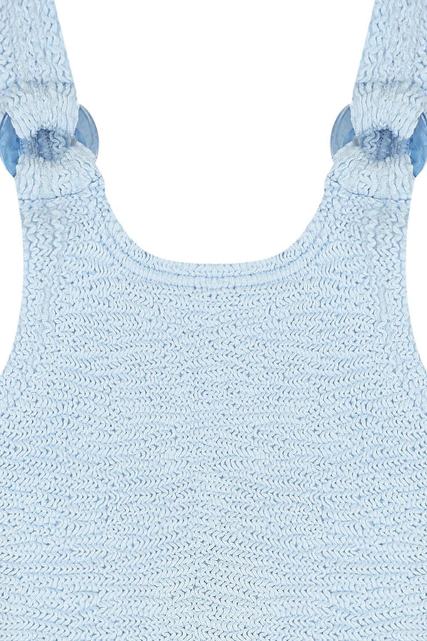 Kids 3-6 Domino Swim Metallic Ice Blue by Hunza G, crinkle swimsuit with hoop detail, perfect for beach days