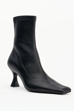 Amelia Black Stretch Leather by Alias Mae, sleek stretch leather boot with square toe, perfect for day to night styling