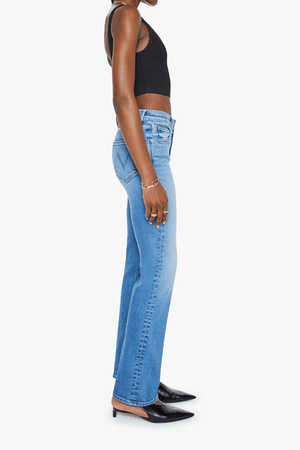 The Kick It Fan Favorite by MOTHER, trendy high-rise straight-leg jeans with a clean hem. Perfect for everyday wear with a mid-blue wash, subtle whiskering, and soft stretch denim for all-day comfort.