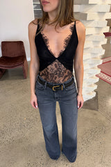 Cora V Neck Lace Bodysuit Black by Camilla and Marc – Japanese lace bodysuit with V neckline and scalloped edges.