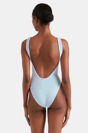 Square Neck Swim Metallic Ice Blue by Hunza G, crinkle one piece swimsuit, perfect for beach or poolside styling