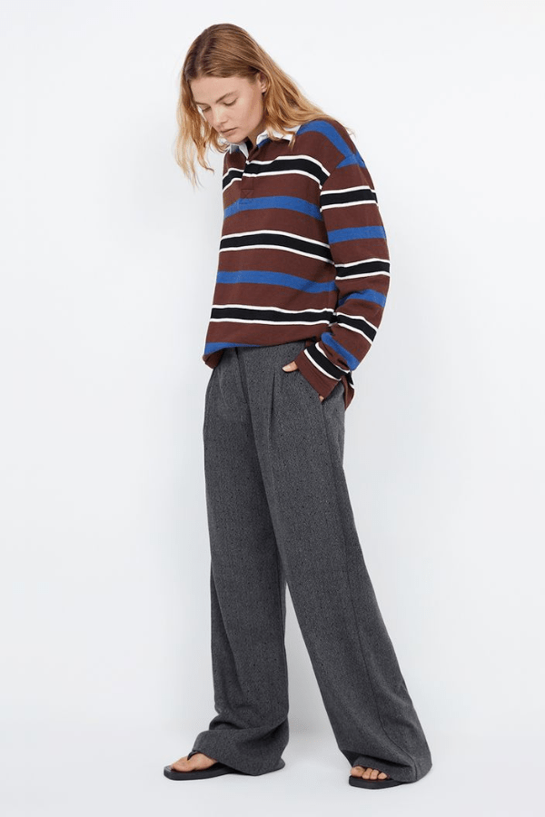 Shae Oversized Pant Charcoal by Bec + Bridge, wide-leg embroidered herringbone suiting with pleat detail, relaxed mid-low waist fit, perfect for work or casual chic.