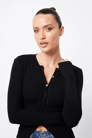 Lyon Cardigan Black by Mossman, soft double-layer ribbed jersey with round neckline and thumb holes, perfect for trendy viral layering and cozy day-to-night style.