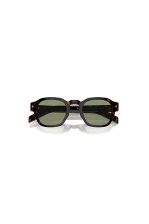 Radica Tortoise Sunglasses by Prada, Italian acetate pantos frames with polarised green lenses and metal-plaque temples.
