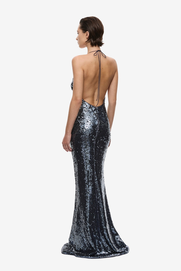 The Plunge Sequin Jersey Maxi Dress Gunmetal