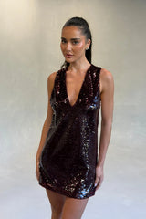 Kayla V Neck Sequin Mini Dress in Burgundy by Sneaky Link, A-line mini with sequin finish for standout party styling.