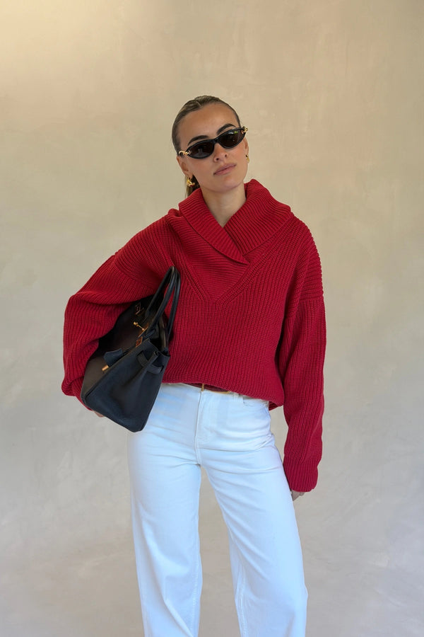 Olsen Drape Neck Knit Sweater Red