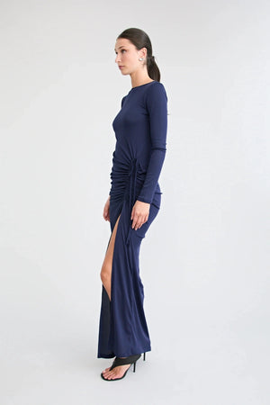 Suri Gown Navy by Pfeiffer, reversible jersey maxi dress with low back and adjustable gathered split