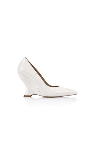 Molly Pump White Patent Leather by Lana Wilkinson, pointed toe leather pump with sculptural 10cm heel height