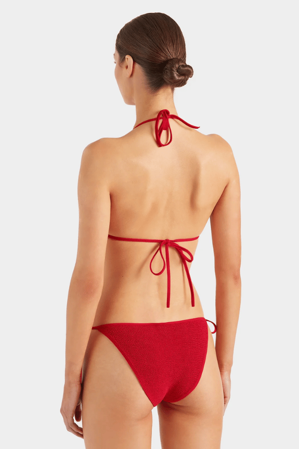 Gina Bikini Red by Hunza G – Signature triangle bikini with light support and side ties, crafted in sculpting one-size crinkle fabric