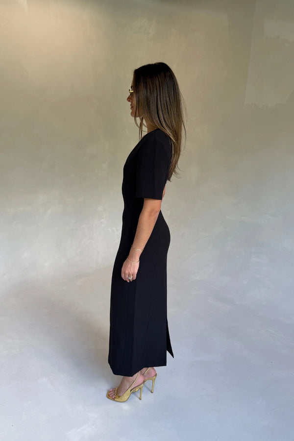 Bobbie Midi Dress Black by Sneaky Link, tailored midi dress with V neck, perfect for events or polished styling