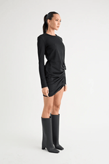 Rule Eight Dress Black by Pfeiffer – A trendy and versatile cotton mini dress with adjustable side ruching, crew neckline, and full sleeves. Perfect for stylish day-to-night wear.