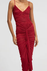 Mater Long Dress by Maygel Coronel, ruched maxi dress with draped panels, sash detail and internal bodysuit.