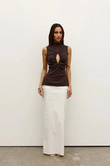 Nora Top in Charcoal by Bayse, a fitted cotton top with ruched keyhole detail, high neckline, and pointed back hem.